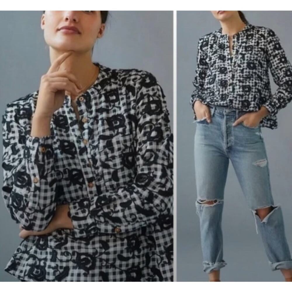 Anthropologie Pilcro Black and White gingham with embroidered floral button up